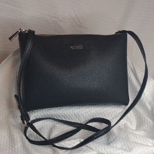 GUESS Double Varsity Pop Zip Black Vegan Pebbled Leathered Crossbody Bag